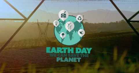 Digital rendering highlighting Earth Day theme with sustainable energy icons superimposed on a beautiful natural landscape. Useful for campaigns related to environmental awareness, sustainability presentations, green energy projects, educational materials, and promotional resources for ecological conservation events.