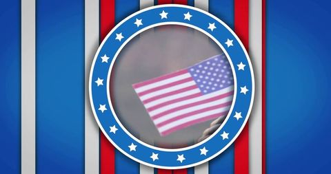 Hand holding small american flag inside patriotic red white blue star medallion banner
