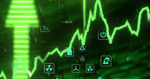 Neon Green Energy Market Trend Visualization with Recycling, Wind, Power and Analytics Icons