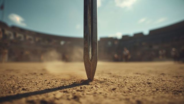 Spear tip piercing sand in sunlit colosseum arena, gladiator combat closeup