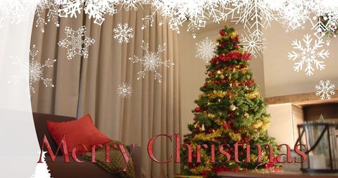 Merry Christmas Text Over Snowflakes and Christmas Tree Background