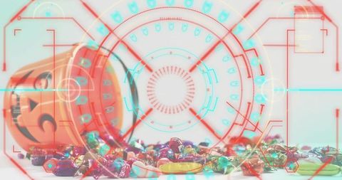 Spilling halloween candy from jack-o'-lantern bucket featuring futuristic hud overlay