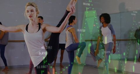 Blonde woman stretching at barre with augmented data analytics overlay for dance fitness