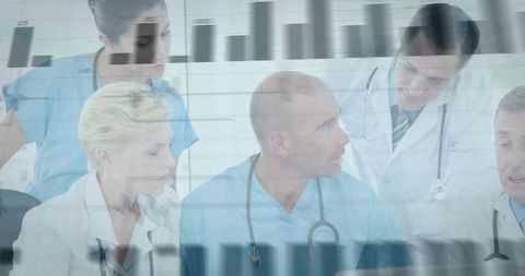 Medical team analyzing patient data with digital charts and collaborative analytics with ai