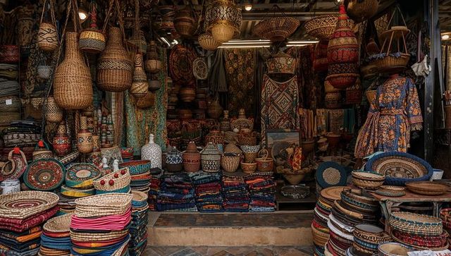 Vibrant woven market stall displaying baskets, mats, textiles, lamps and boho garments