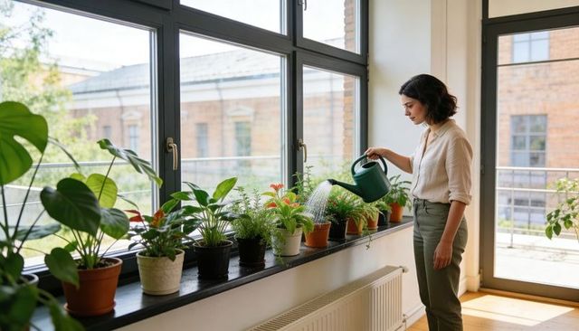 Woman watering indoor plants on sunlit apartment windowsill with green watering can