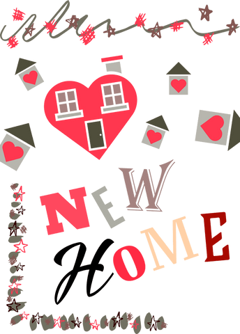 Transparent New Home Text with Heart Motif and Cute House Design