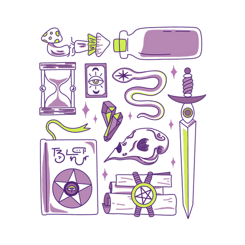 Transparent background of mystical artifacts and occult symbols in line art