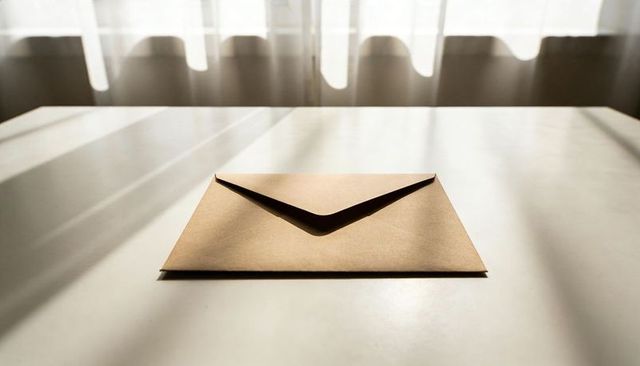 Sunlit kraft envelope casting long shadows on pale table with sheer curtains