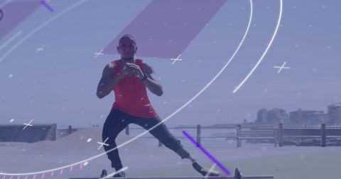 Male Athlete Exercising with Running Blade and Digital Interface