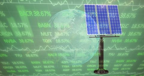 Solar Panel and Digital Finance Interface on Green Background