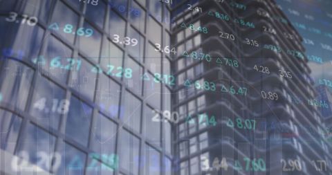 Modern office building reflecting financial data visualization