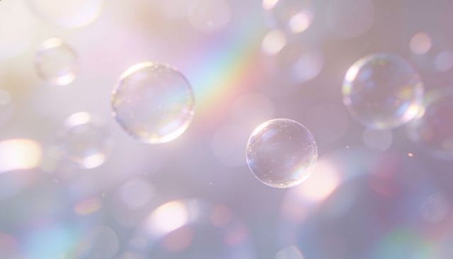 Iridescent soap bubbles floating over pastel rainbow bokeh light orbs dreamy abstract