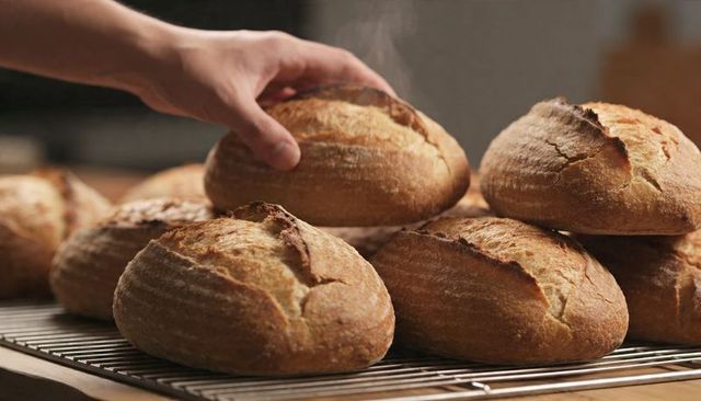 Warm crusty sourdough loaves cooling on rack with hand lifting fresh artisan bread