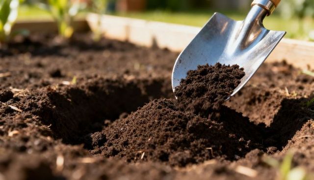 Close-up trowel scooping rich topsoil into raised garden bed for planting and composting
