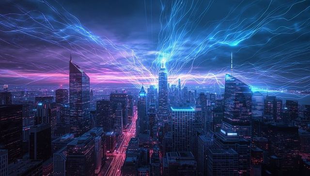 Cyberpunk cityscape with central energy tower emitting neon blue arcs over dusk skyline