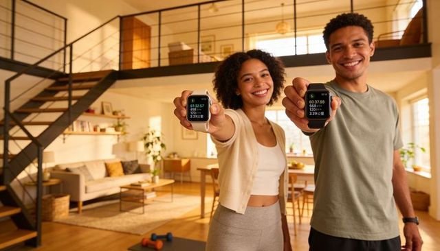Couple showing smartwatches after home workout in sunlit loft tracking fitness metrics