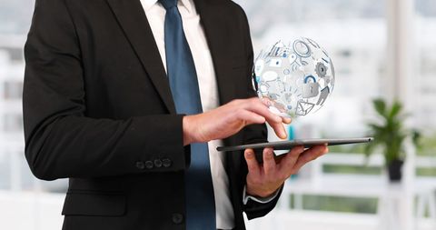 Businessman Interacting with Virtual Global Network on Tablet