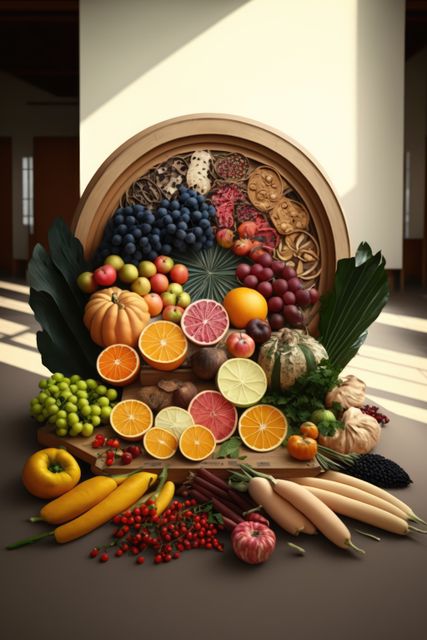 Colorful display of fresh fruits and vegetables in a sunlit room. Includes various types of pumpkins, citrus fruits, berries, grapes, bananas, and more. Perfect for use in health and wellness articles, dietary blogs, organic produce promotions, and kitchen or interior decor showcases.