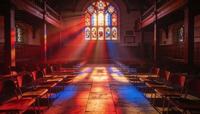 Sunlit stained-glass chapel aisle casting rainbow rays onto empty chairs and warm morning light