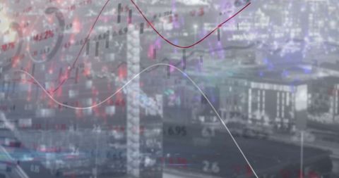 Cityscape Infused with Stock Market Data and Curved Trends