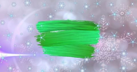 Green brush stroke with winter snowflakes and festive elements