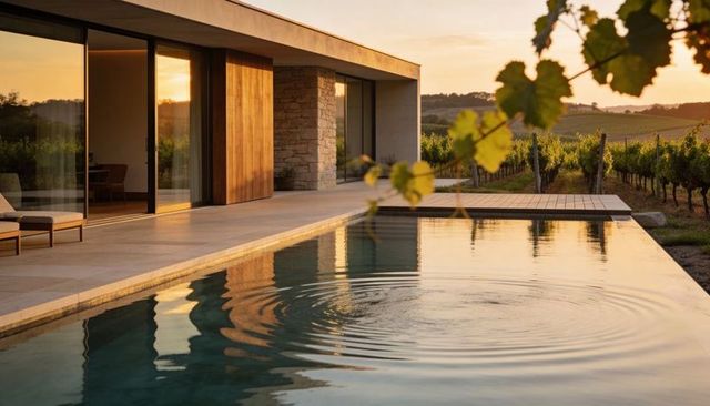 Sunset casting warm glow over modern infinity pool and stone terrace at vineyard villa