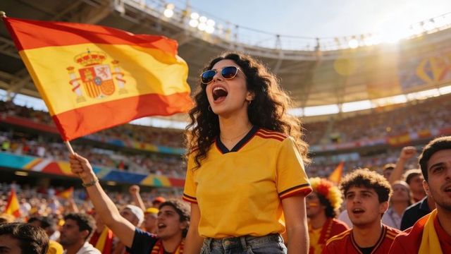 Passionate spain football fan cheering with flag in sunlit stadium crowd during match
