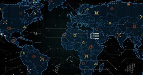 Global Cyber Threat Dashboard Showing Neon Blue World Map with Targets, Warnings, Telemetry