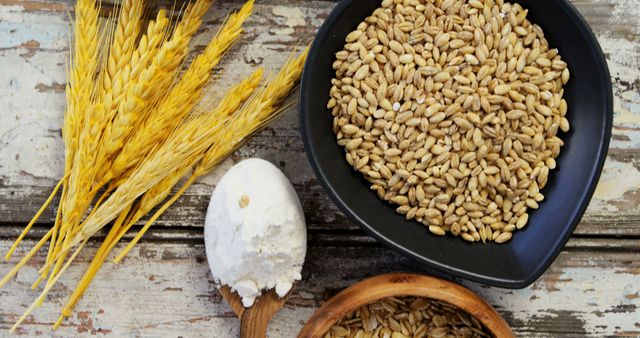 Wheat Ears, Flour, and Whole Grains on Rustic Wooden Table - Download Free Stock Images Pikwizard.com