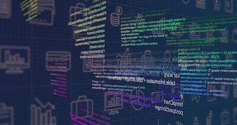 Floating Layered Code Panels Tilting Over Dark Blue Grid with Analytics and Software Icons