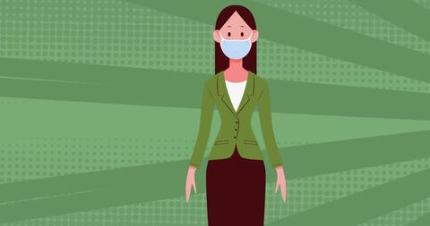 Illustrated Woman Wearing Mask Standing on Striped Background