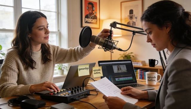 Cohosts adjusting microphone during podcast recording in cozy home studio with mixer