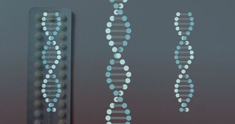 Dna strands overlaying a pill packet reflecting modern medicine