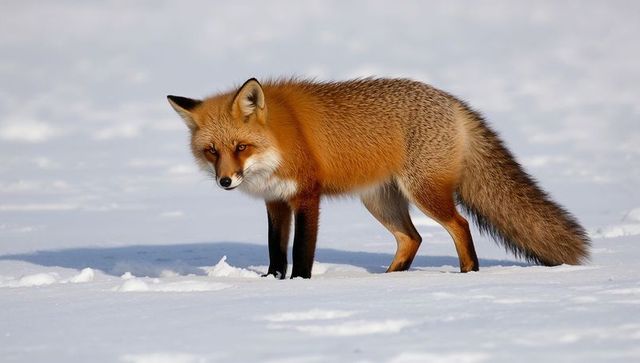 Red fox standing on snowy plain surveying surroundings with vibrant orange fur and tail