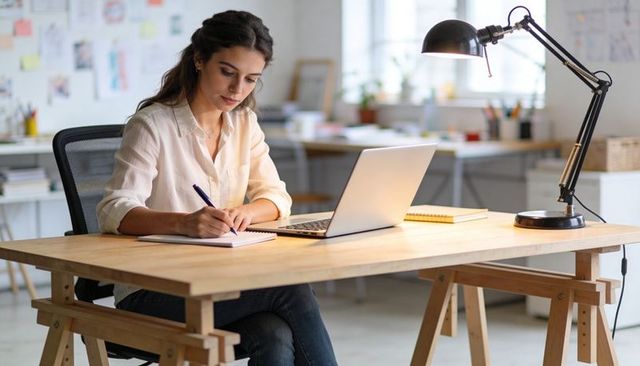 Young professional writing notes at minimalist wooden desk with laptop and lamp