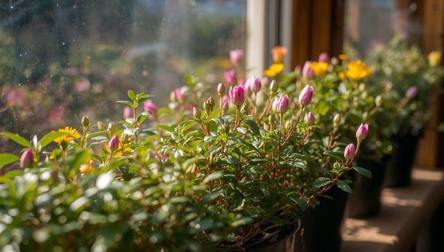 Colorful flower pots on sunny windowsill with natural light