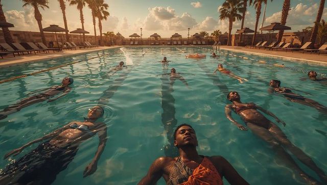 Group floating on backs in resort pool during golden hour with palm trees, cabanas, loungers