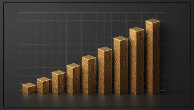 Golden coin stack growth chart on dark grid minimalist finance wealth concept 3d render