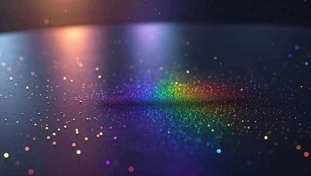 Vivid rainbow glitter on reflective surface with bokeh lights