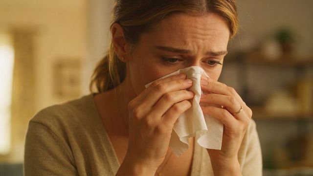 Crying woman holding tissue to face at home, emotional close-up, warm ambient lighting