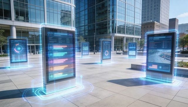 Displaying digital kiosks projecting holographic interfaces across downtown plaza