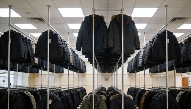 Symmetrical display of dark puffer coats with fur hoods on double racks in bright showroom
