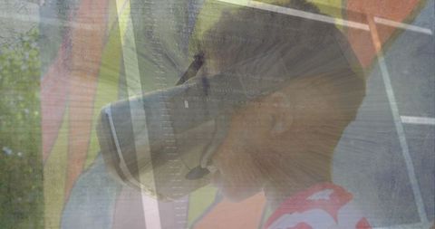 Child experiencing virtual reality with digital code overlay