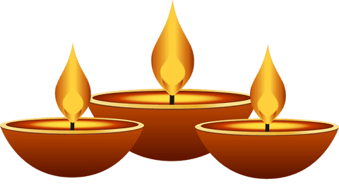 Shining clay diyas illustration with flickering flames on transparent background