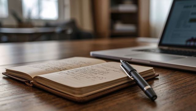 Leather Journal and Fountain Pen on Wooden Desk by Sunlit Window for Remote Work