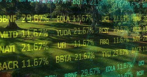 Urban Park Lawn with Neon Stock Ticker Overlaying Digital Data Stream