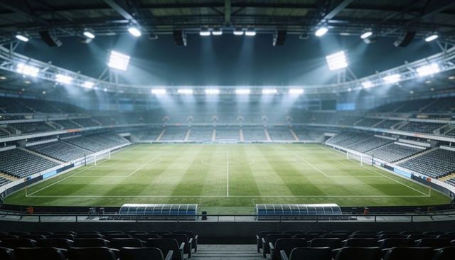 Illuminating empty modern soccer stadium night view centered pitch, floodlights, dugouts