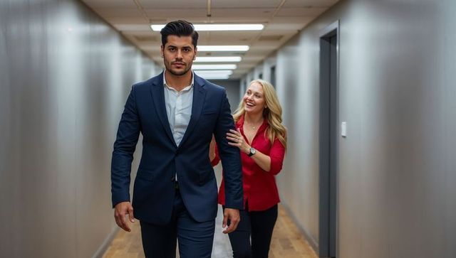 Businessman walking office corridor while businesswoman smiling and placing hand on arm