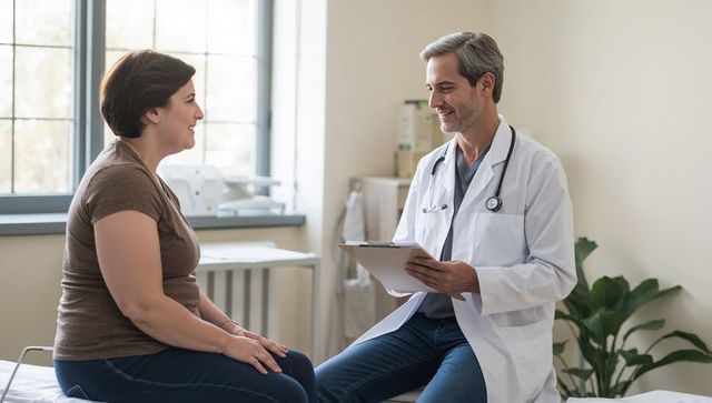 Male Doctor Consulting Female Patient in Bright Clinic Exam Room with Clipboard